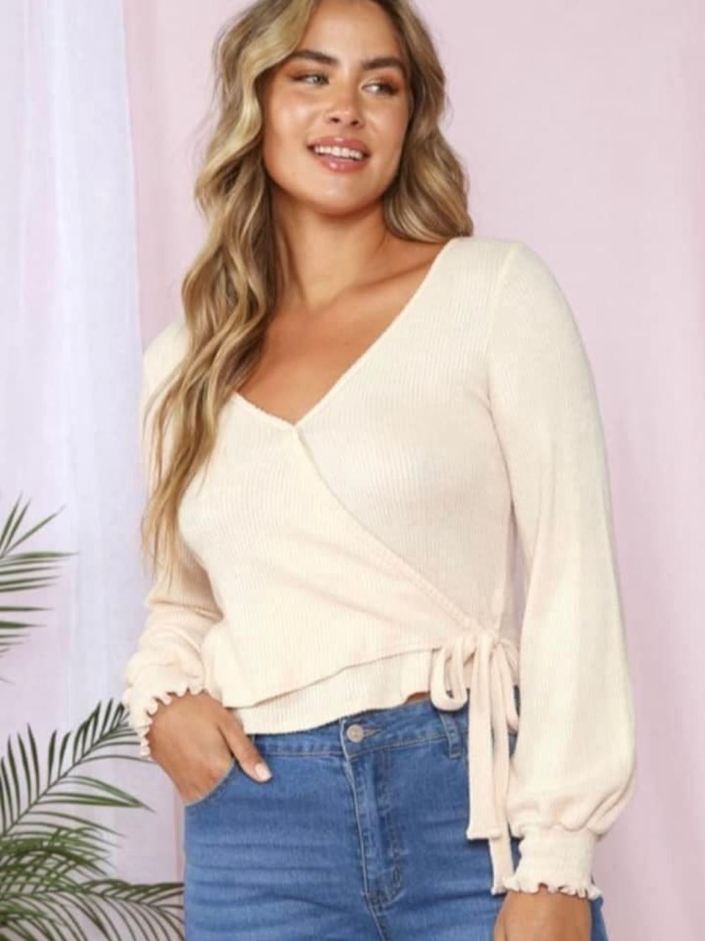 Peach Love California Cream Wrap Tie-Front Sweater